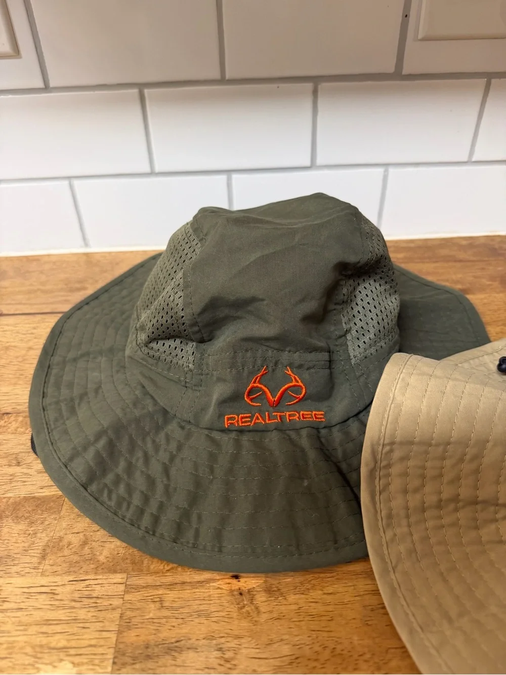 Realtree Ventilated Bucket Hats - Olive Green & Tan with Orange Logo